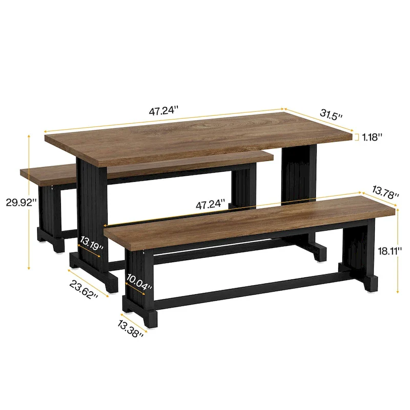 47 Inches Farmhouse Wood 3-piece Small Dining Table with 2 Benches - N/A