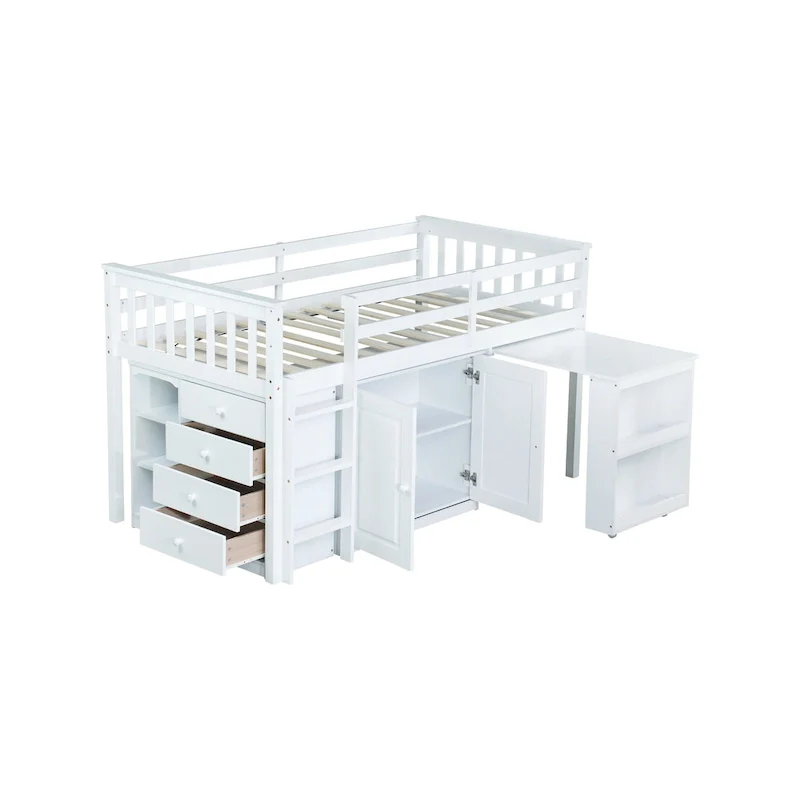 Twin Loft Bed with Pull-Out Desk, 2 Cabinets, 4 Drawers & Shelves