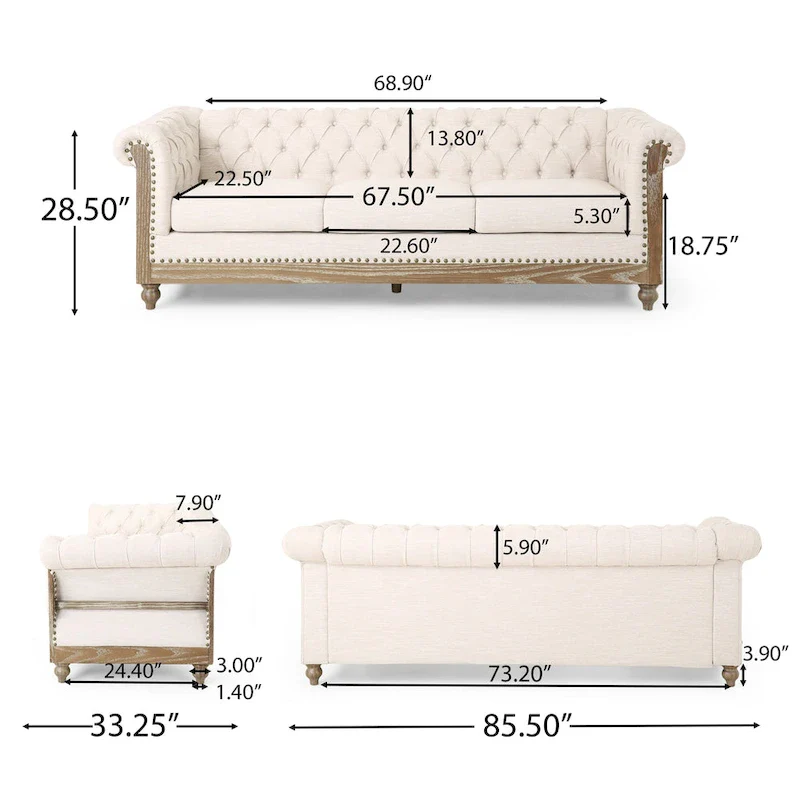 Saragus Chesterfield Sofa with Nailhead Trim by Christopher Knight Home - 85.50  L x 33.25  W x 28.50  H