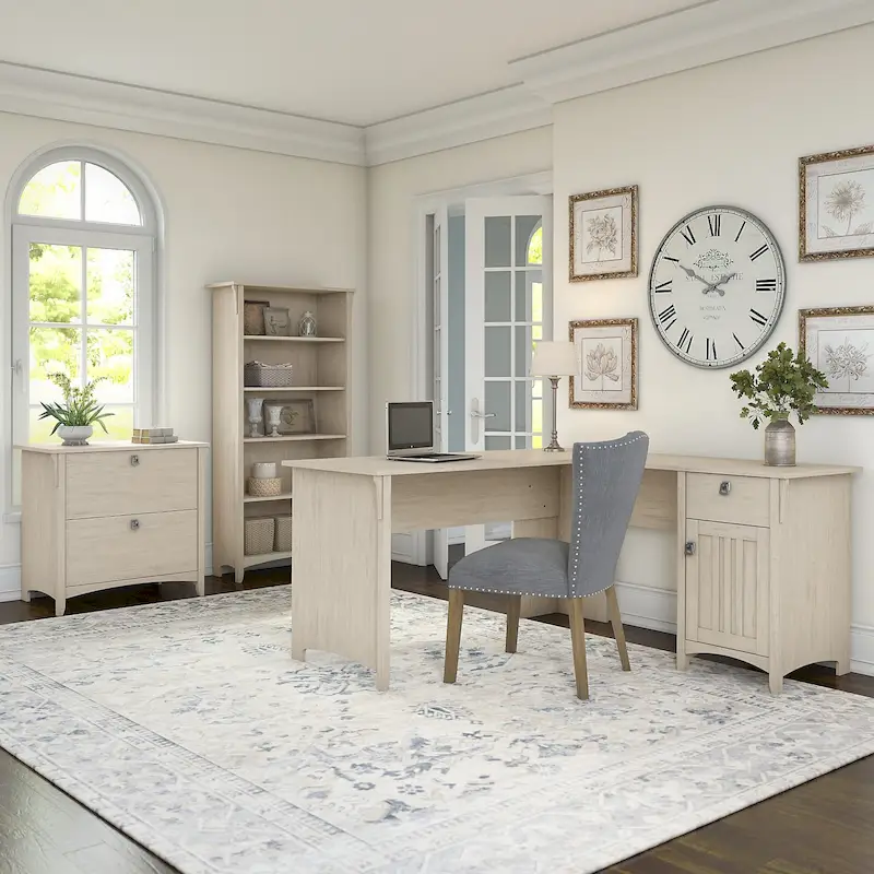 Antique White L-Shaped Desk Set with File Cabinet & Bookcase, 3-Piece