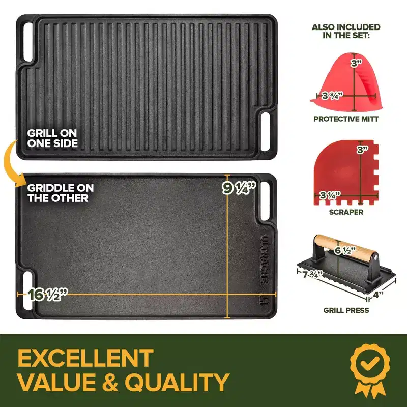 Cast Iron Reversible Griddle Grill Combo Set with Protective Mitts Grill Press and Scraper Pre Seasoned for Indoor Outdoor Stove Camping Cooking