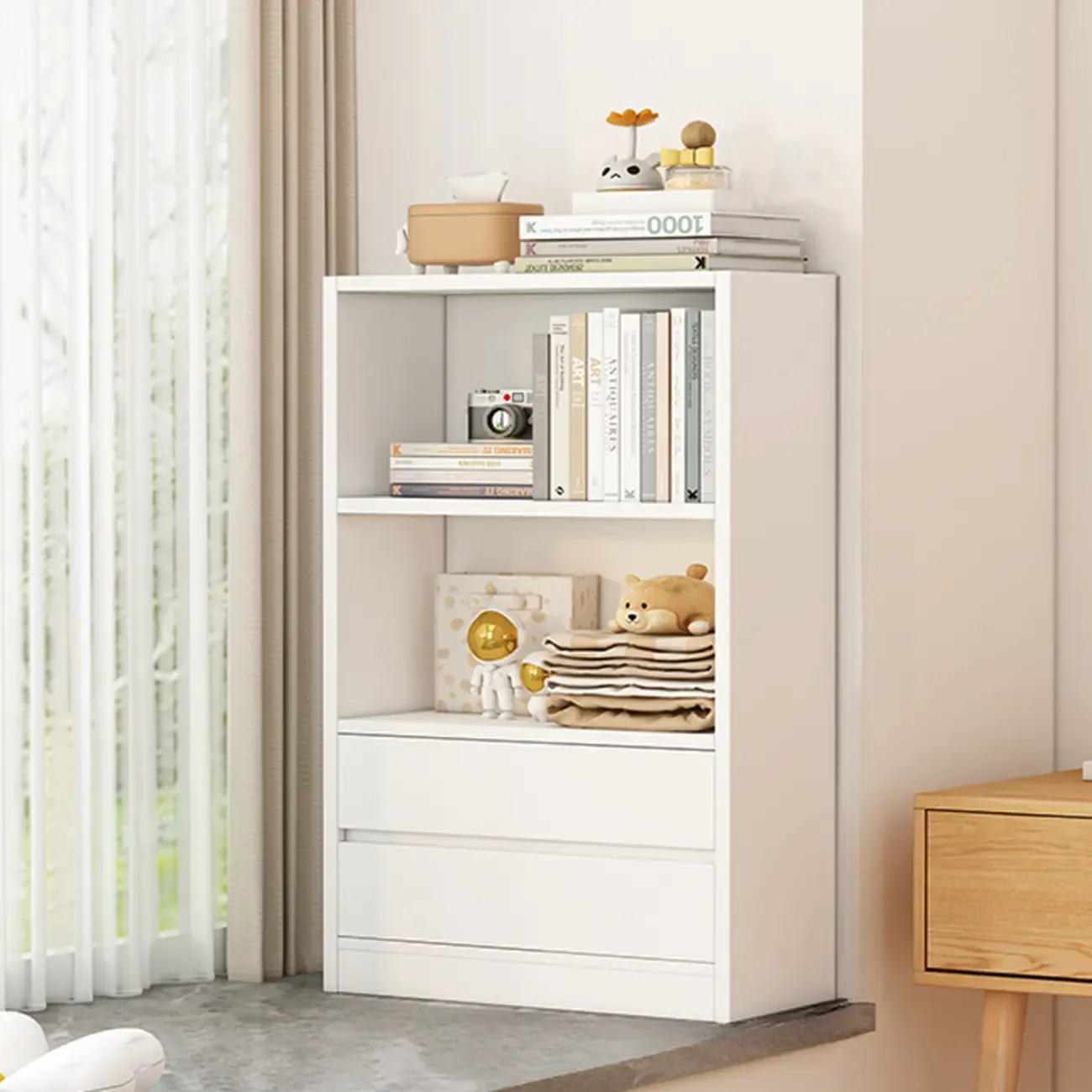 Simple Wooden White 3-Tier Bookcase with Drawers