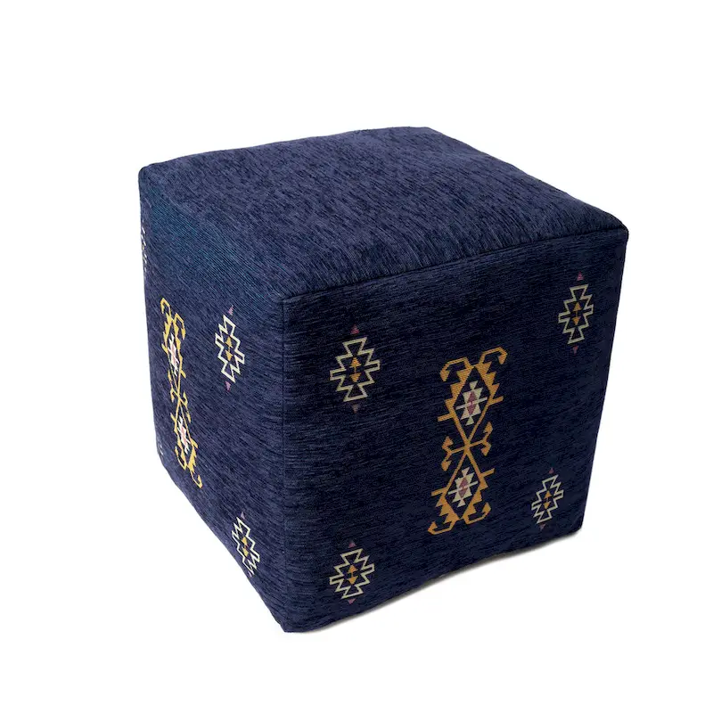 Sevita Navy/Mustard Traditional Damask Polyester Blend Pouf