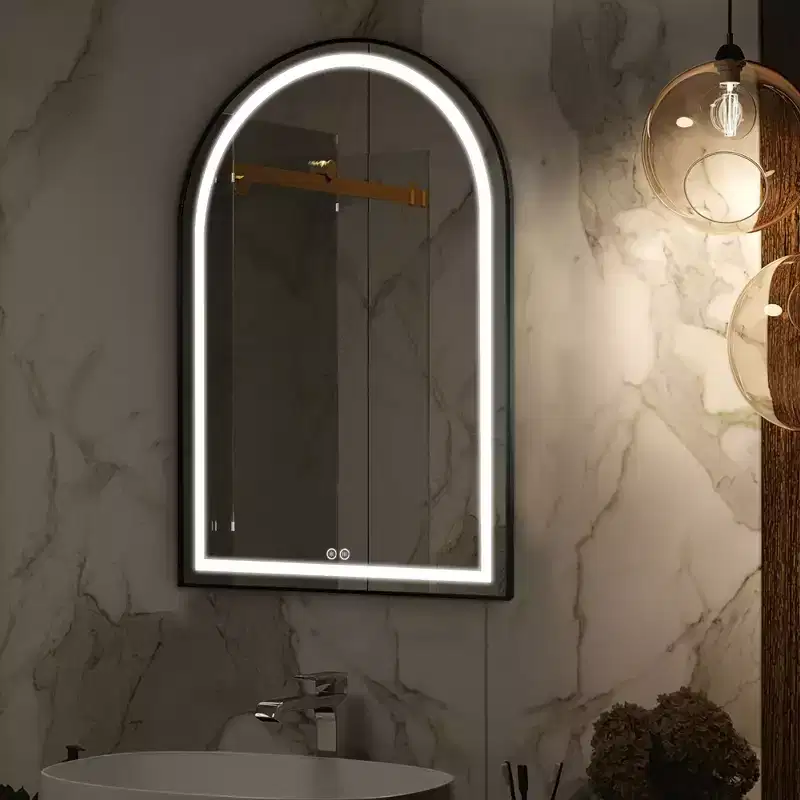 MAYEERTY Arched Aluminum Alloy Bathroom Mirror with Framed Defogging Function for Bathroom Black