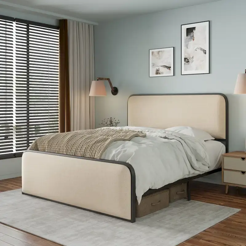 Beige Upholstered Bed Frame with Curved Headboard Footboard, Metal Slat Support Low Profile Platform Bed, Wingback Panel Bed