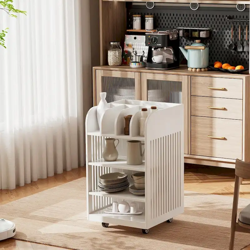 Black / White 6-Tier Rolling Kitchen Cart with Spice Rack, for 1–2 Users