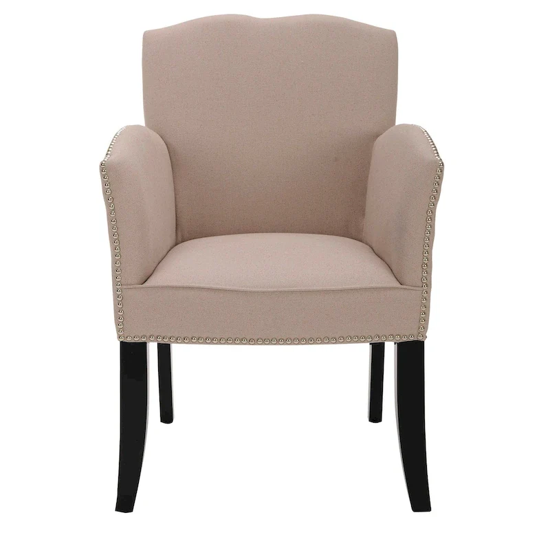 Taupe Linen Upholstered Armchair with Curved Arms, Wave Backrest and Black Legs – 1-Person