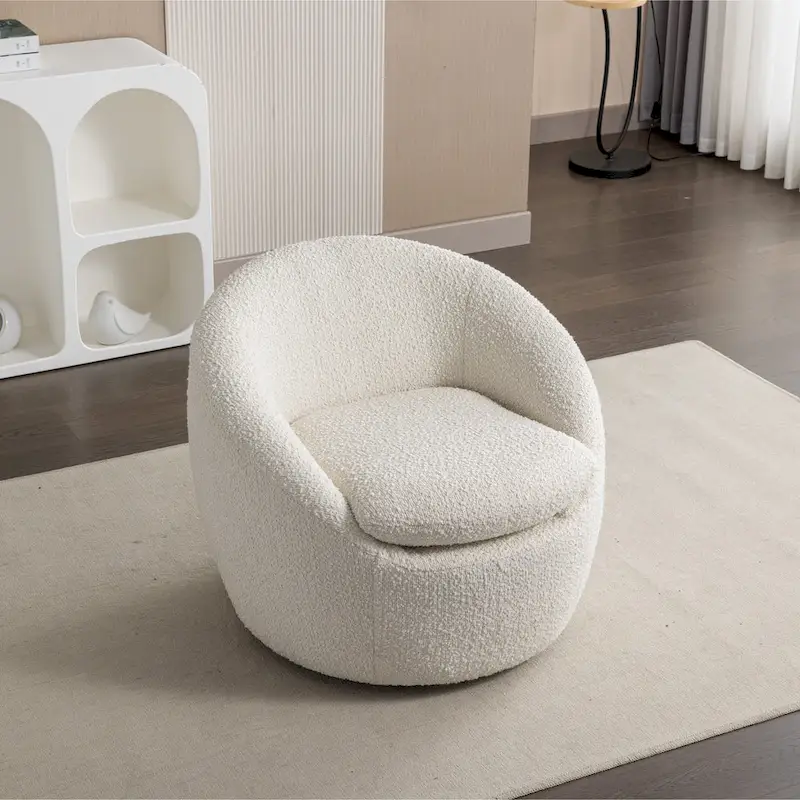 Round Barrel Accent Chair with 360° Swivel Base – Boucle Fabric