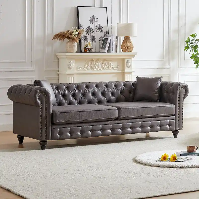 Gray Tufted Sofa with Rolled Arms - 3 Seater