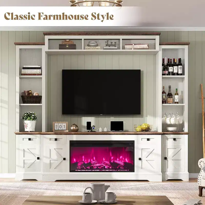 Gray & White Farmhouse Entertainment Center with Fireplace, Fits up to 78