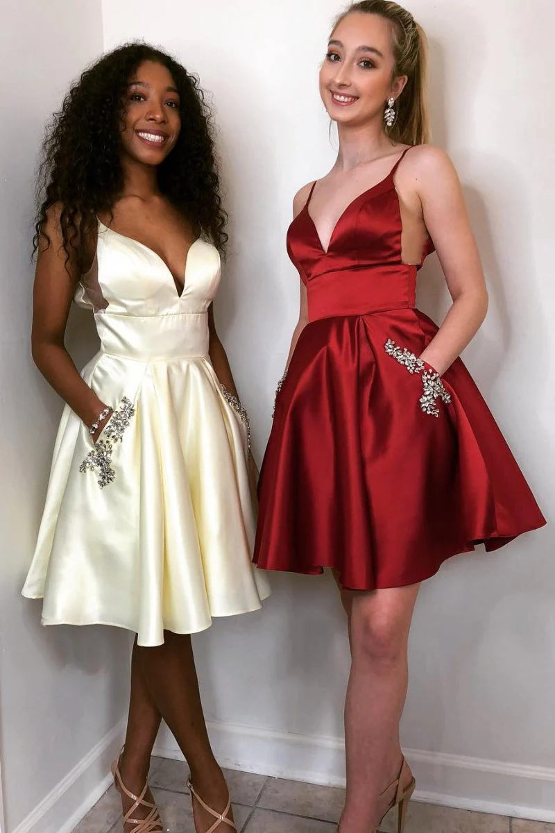 A-line Spaghetti Straps Satin Homecoming Dress with Pockets