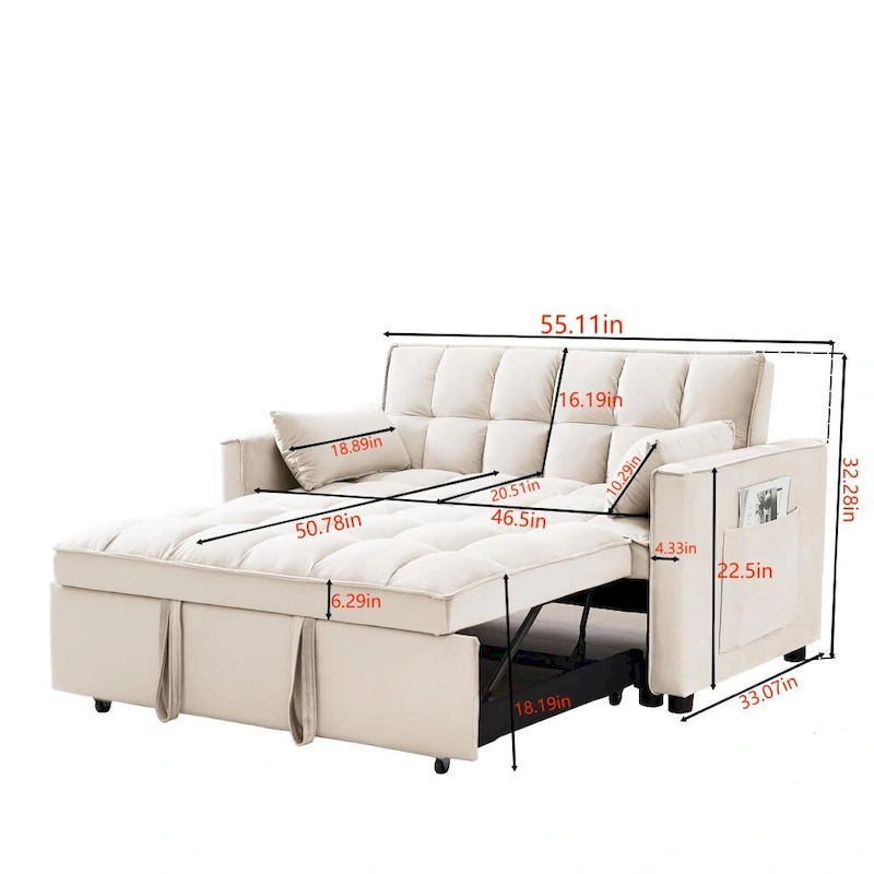 3 in 1 Convertible Velvet Sofa Couch w/Pullout Bed and Reclining Backres