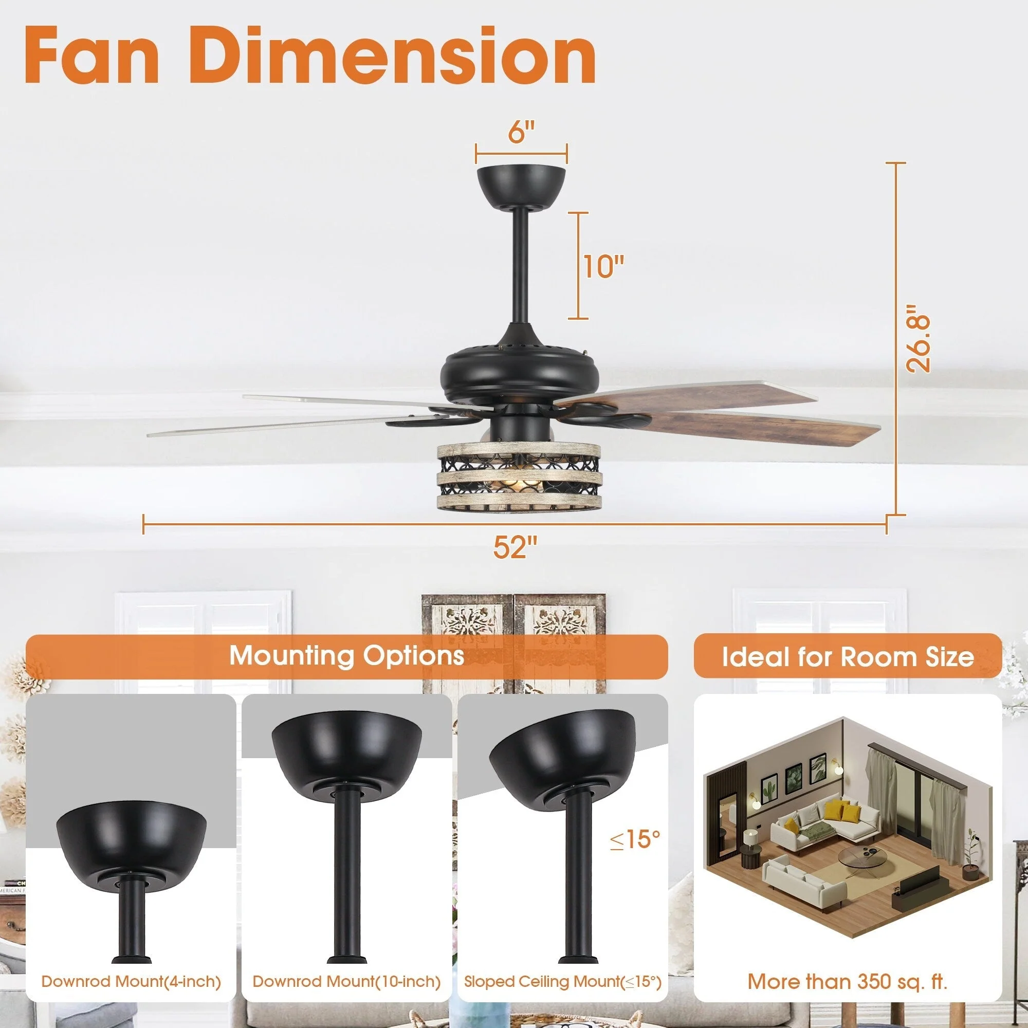 52 Farmhouse Driftwood 5-Blade Black Caged Ceiling Fan with Remote