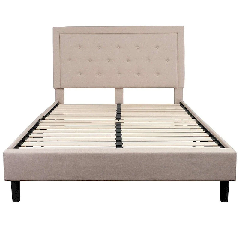 Queen Beige Upholstered Platform Bed Frame with Button Tufted Headboard
