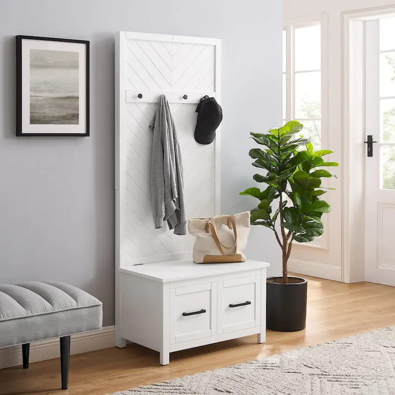 Hall Tree with Lift-Top Storage Bench & Hooks – White Herringbone, 30