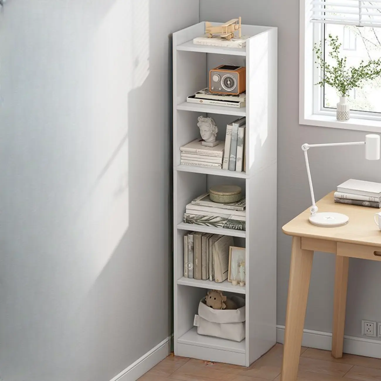 Scandinavian Oak Rectangle 5-Shelf Wood Bookcase