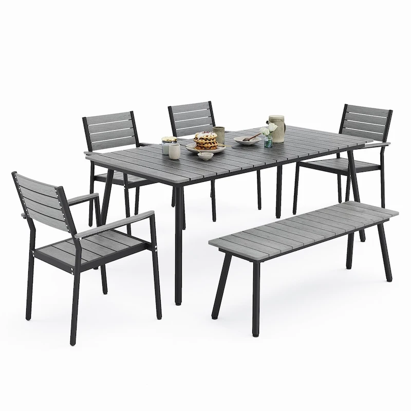 Outdoor 5/6-Piece Patio Dining Set with Stacking Chairs and Bench