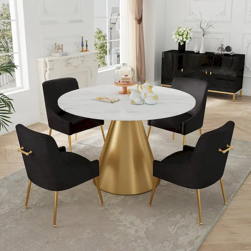 48 Marble Top Metal Dining Table with Velvet Dining Chair Set