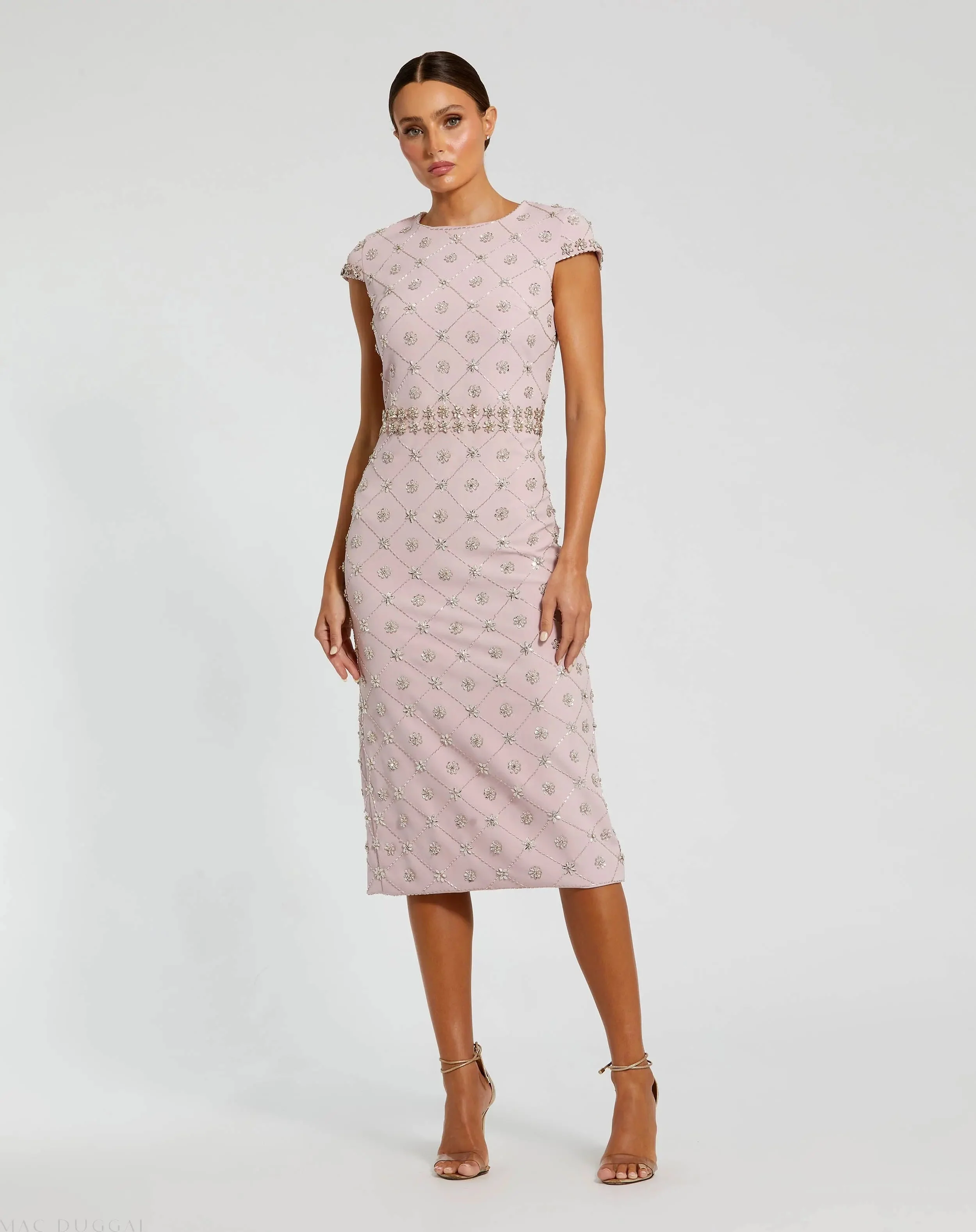 Pink Hand Embellished High Neck Midi Dress