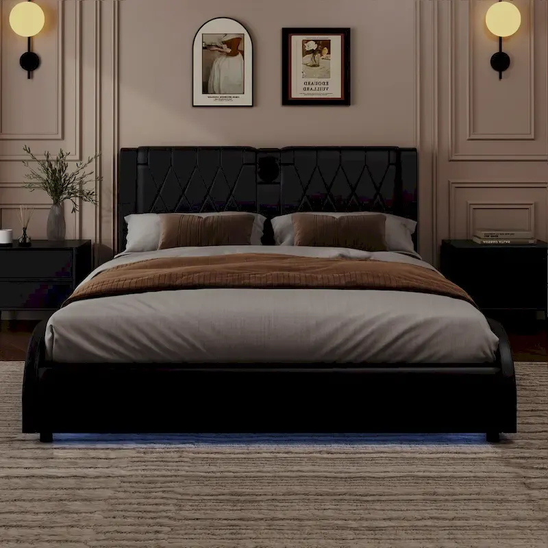 King LED Bed Frame with Bluetooth Speakers & Leather Upholstery