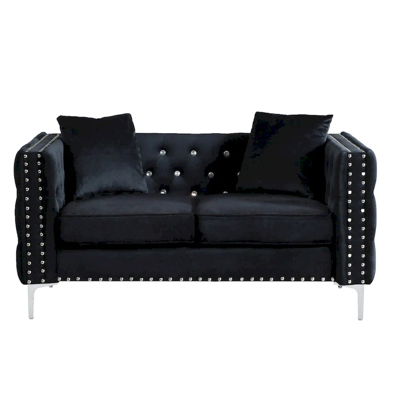 Square Arm Velvet Loveseat with Jeweled buttons and 2 Pillows