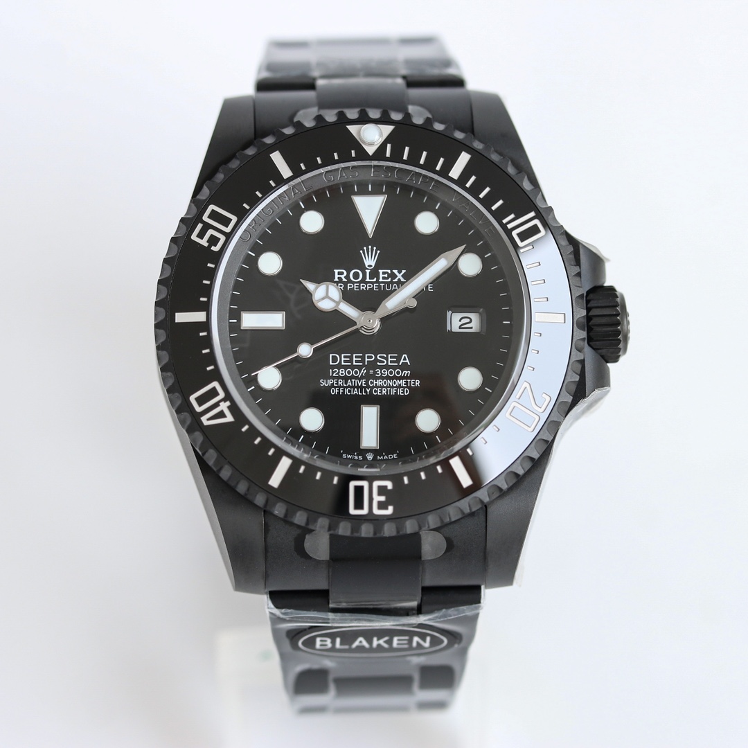 Replica Rolex Deepsea Blaken edition full front view with black DLC coating and white markers