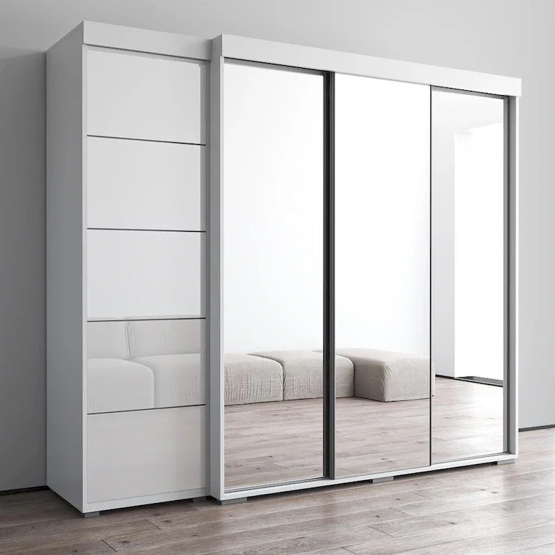 Modern Wardrobe Armoire with 3 Mirrors, Glass Fronts & Matte Body – 94W x 81H