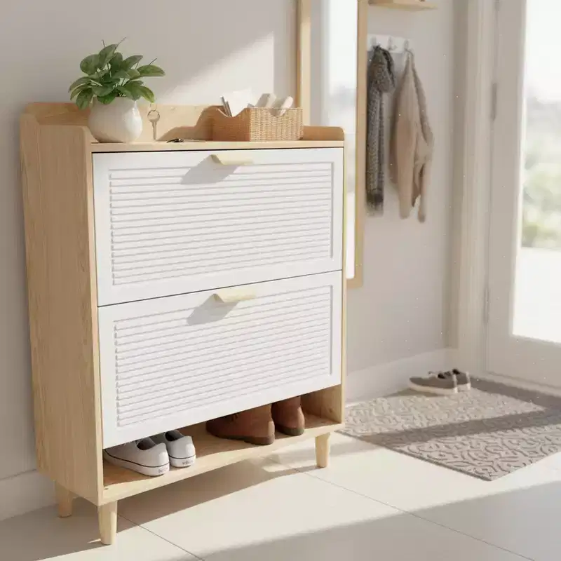 Homy Casa 2-Tier Flip Drawer Shoe Storage Cabinet with Solid Wood Legs, for Entryway, Natural
