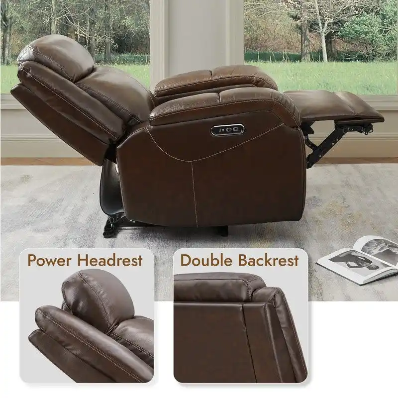 Brown Leather Power Recliner with Headrest - Single Seat
