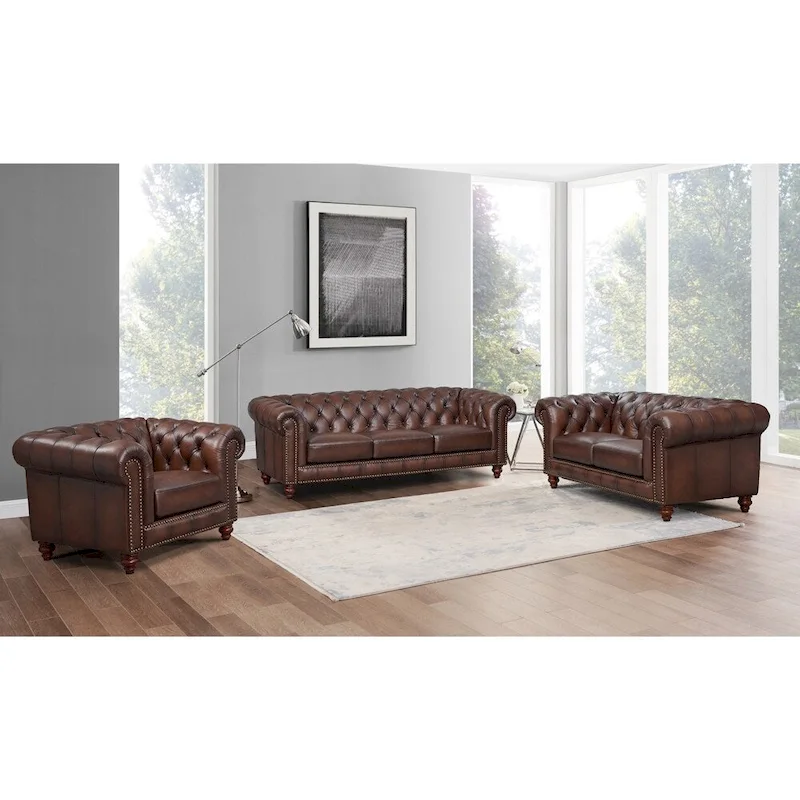 Hydeline Alton Bay Top Grain Leather Chesterfield Sofa, Loveseat and Chair - Sofa, Loveseat, Chair