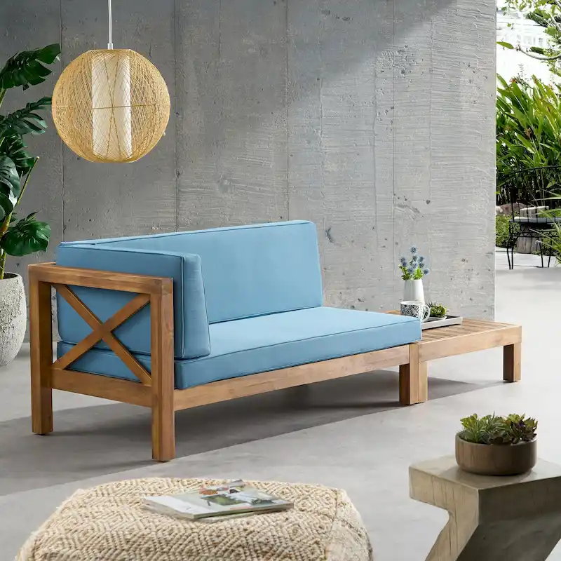 Brava Outdoor Acacia Wood Left Arm Loveseat and Coffee Table Set with Cushion by Christopher Knight Home