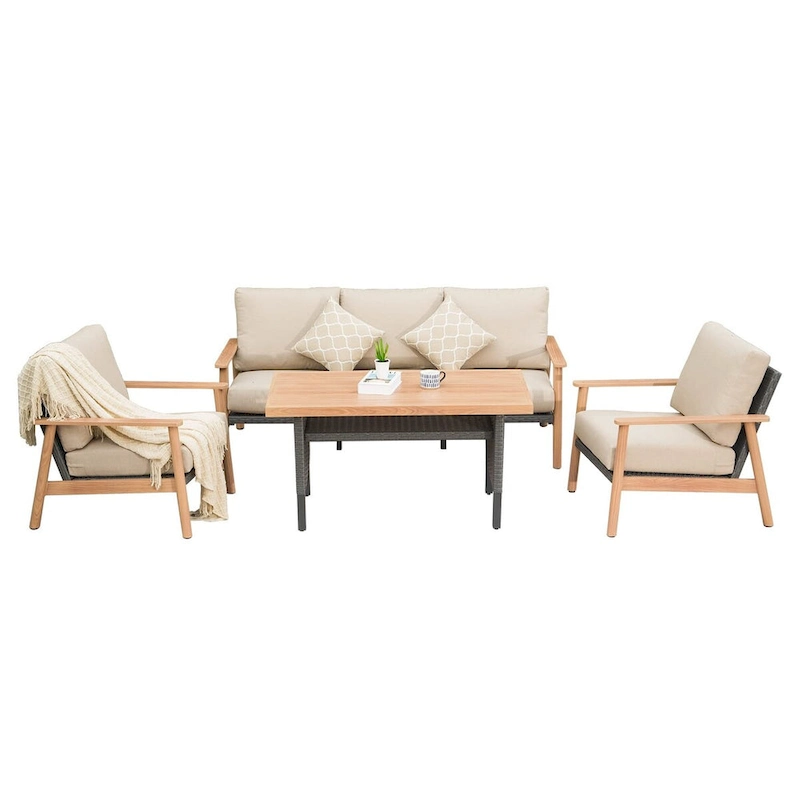 Outdoor Wicker Patio Furniture Sets 4 Pieces, All-Weather Aluminum Rattan Padded Sofa Patio Conversation Sets with 2 Pillows