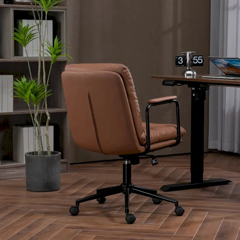 Black / Brown Mid-Back PU Leather Swivel Office Chair with Arms, Wheels & Reclining Back – 1-Person
