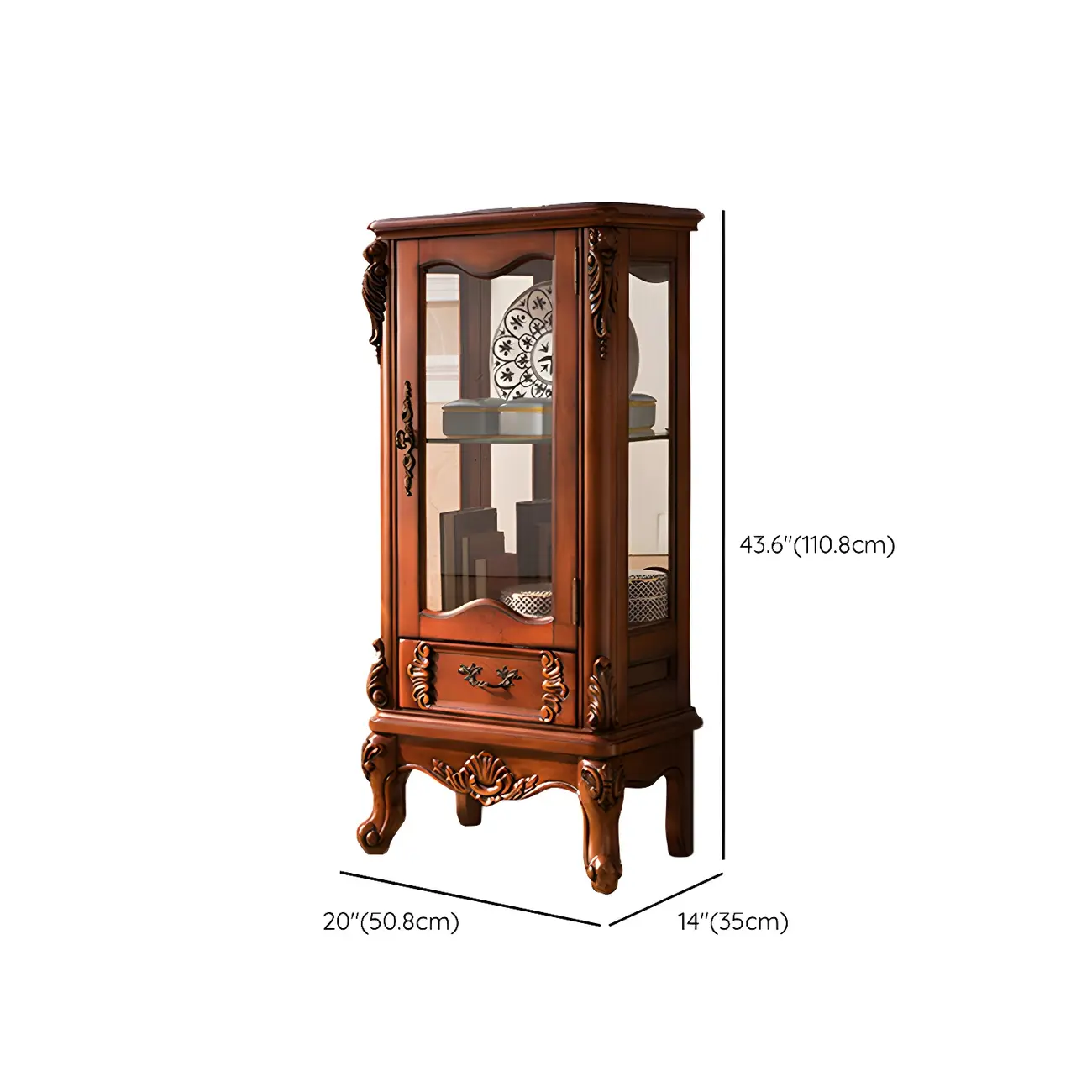 Traditional Wood Brown Glass Shelf Display Cabinet