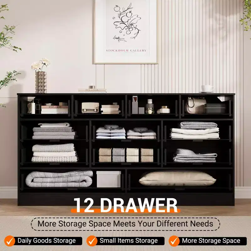 GustoWave Solid Wood Dresser with 12 Rattan Drawers, Farmhouse 61 Chest of Drawers for Bedroom, Heavyweight Anti-tipping
