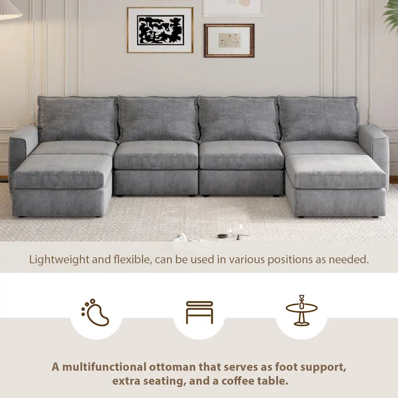 Grey 115 Convertible U-Shaped 6-Seat Modular Sectional Sofa with Ottoman, Customizable Fabric, and Tilting Armrests