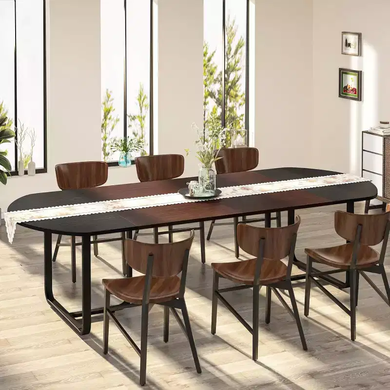 Lantine 70.86-Inch Modern Oval Dining Table for 6-8, Walnut and Black Finish Kitchen Table with Metal Legs for Dining Room