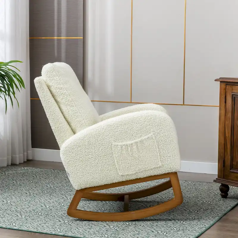 Teddy Fabric Upholstered High Back Mid-Century Modern Nursery Rocking Chair with Side Pocket
