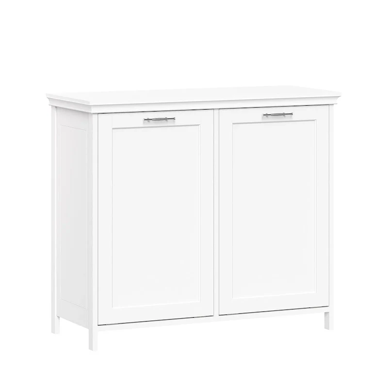 White Painted Double Tilt-Out Laundry Hamper Cabinet, 2-Compartment