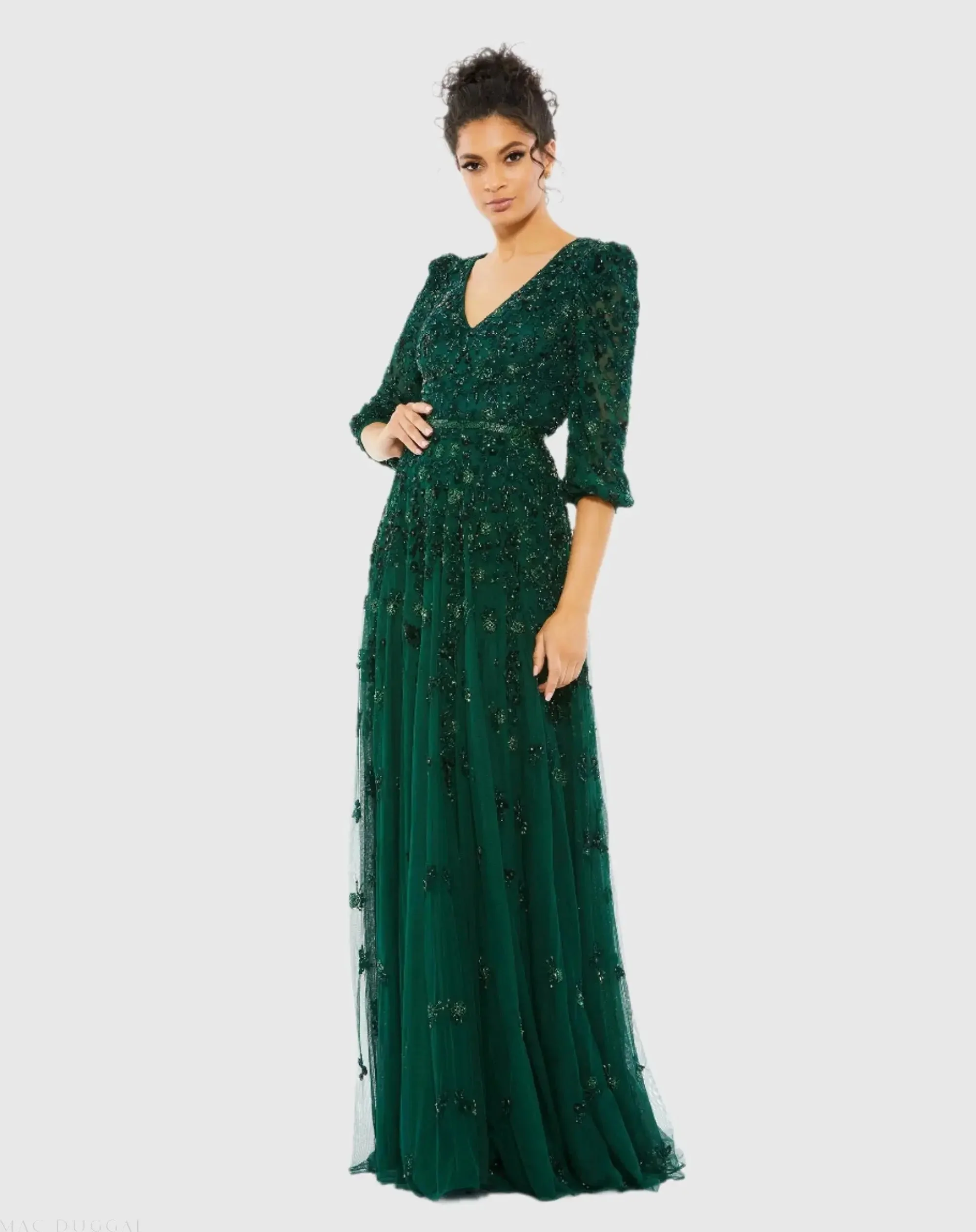 Embellished V Neck Long Sleeve A Line Gown