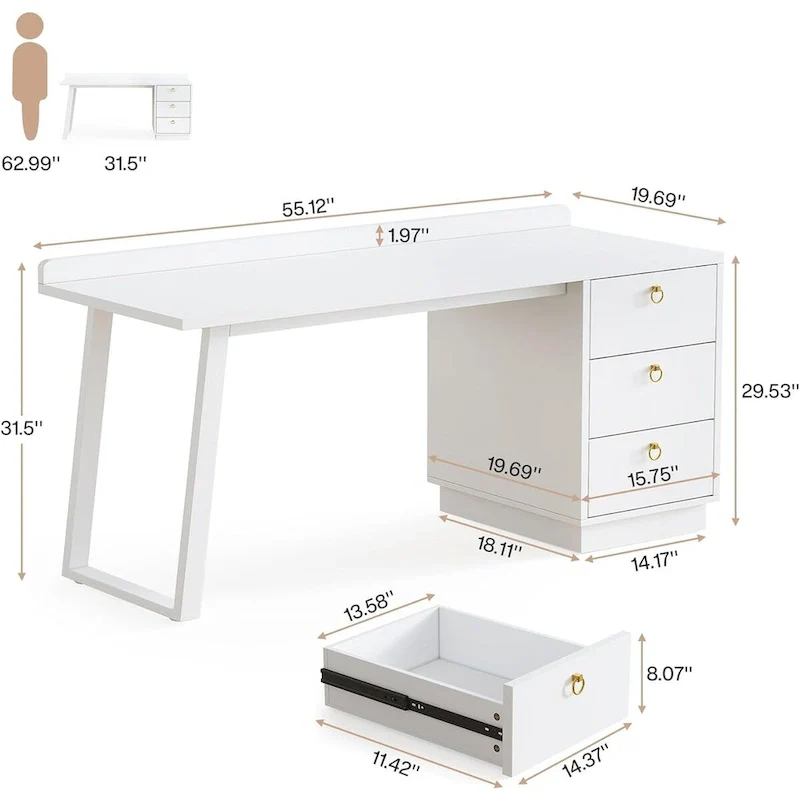 White 55-Inch Modern Computer Desk with Drawers