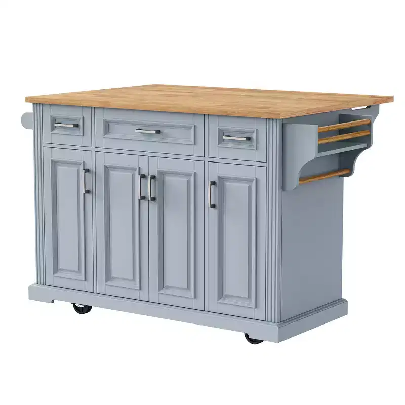 Zeus & Ruta 54'' Large Kitchen Island with Rubber Wood Drop Leaf, Rolling Cart with Embossed Texture, 4 Wheels, 4 Doors & 3 Drawers