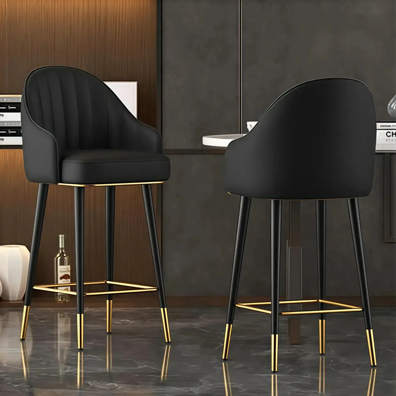 Art Deco Leather Bucket Cushioned Bar Stool