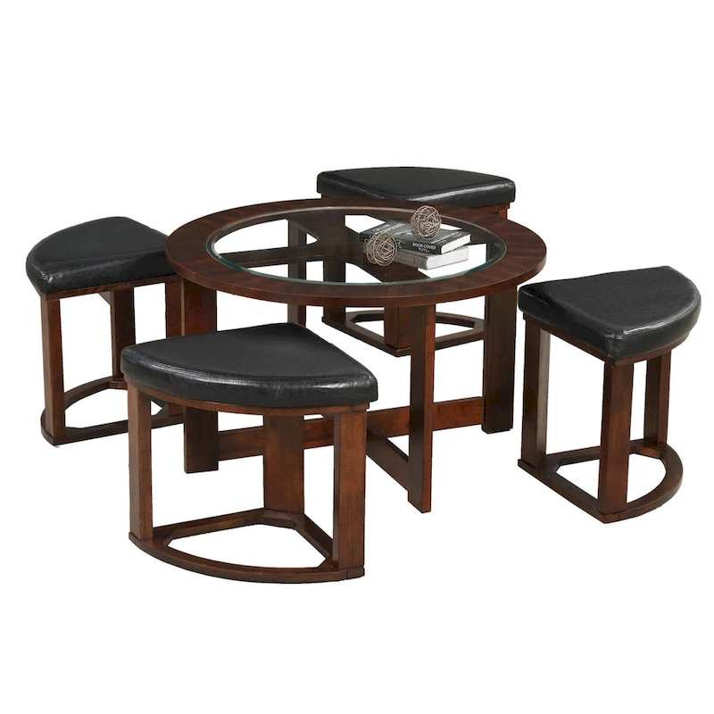Solid Wood Glass Top Round Table Set, Coffee Table with 4 Stools