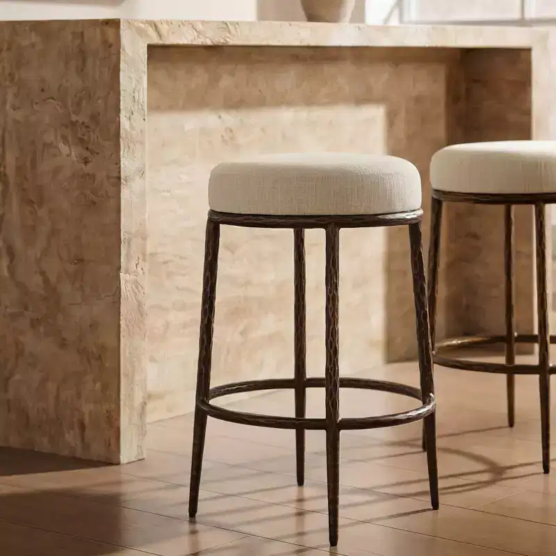 Counter Height Bar Stools Set of 2, Modern Upholstered Counter Stools with Hammered Bronze Iron Legs, Boucle Island Chairs for Dining Room and Bar