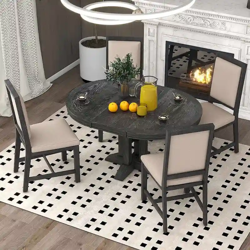 Farmhouse Retractable Round Table with 4 Upholstered Chairs