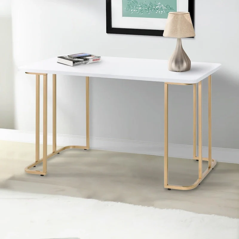 White Antique Writing Desk with Curved Metal Sled Base & Gold Accents – 1-Person