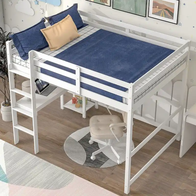 White / Espresso / Grey Full Loft Bed with Desk, Shelves & Ladder, 1-Person