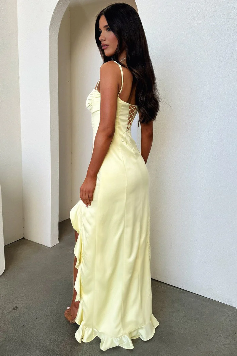 Yellow Sheath Satin Sweetheart Long Prom Dresses with Ruffles