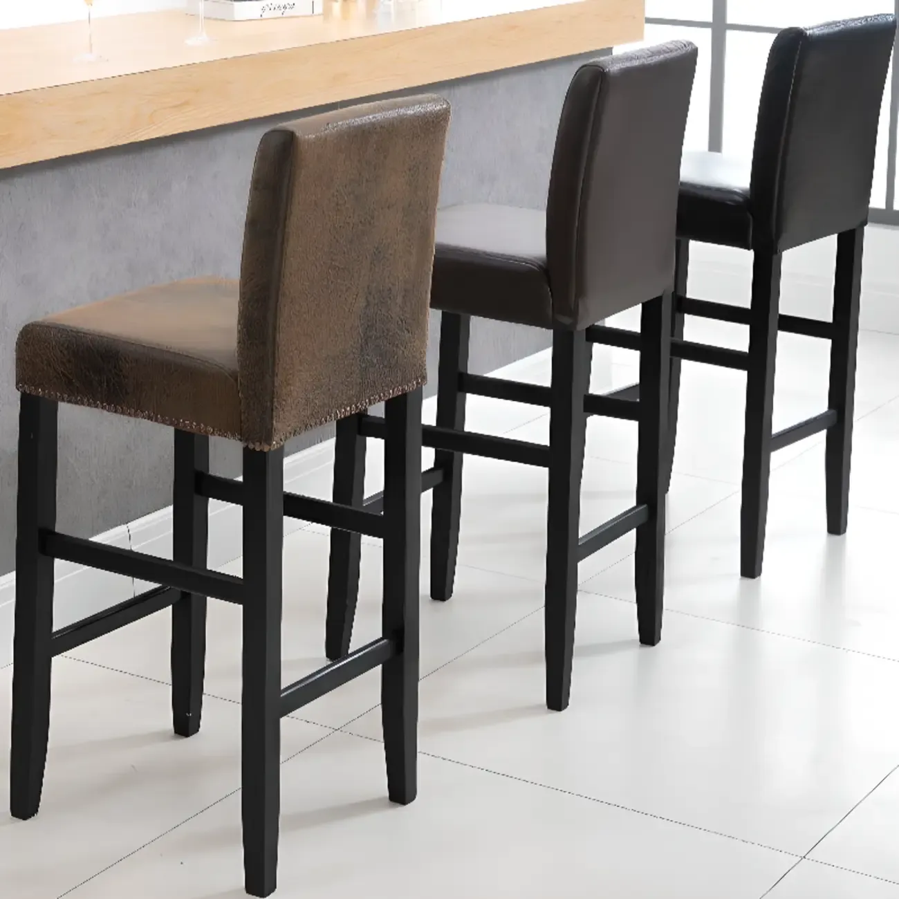 Traditional Wood Leather Upholstered Bar Height Stool